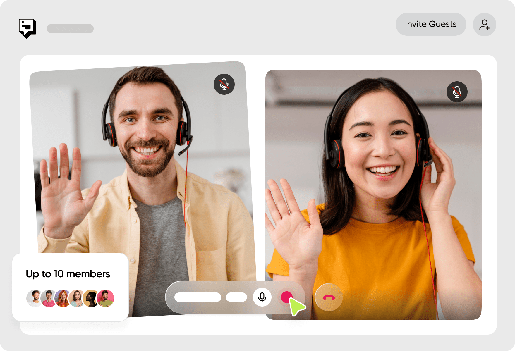 Man and woman talking via video conference, waving their hands.