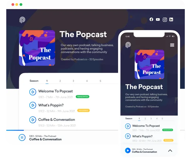 Illustration of our automatically generated podcast pages showing both desktop and mobile views